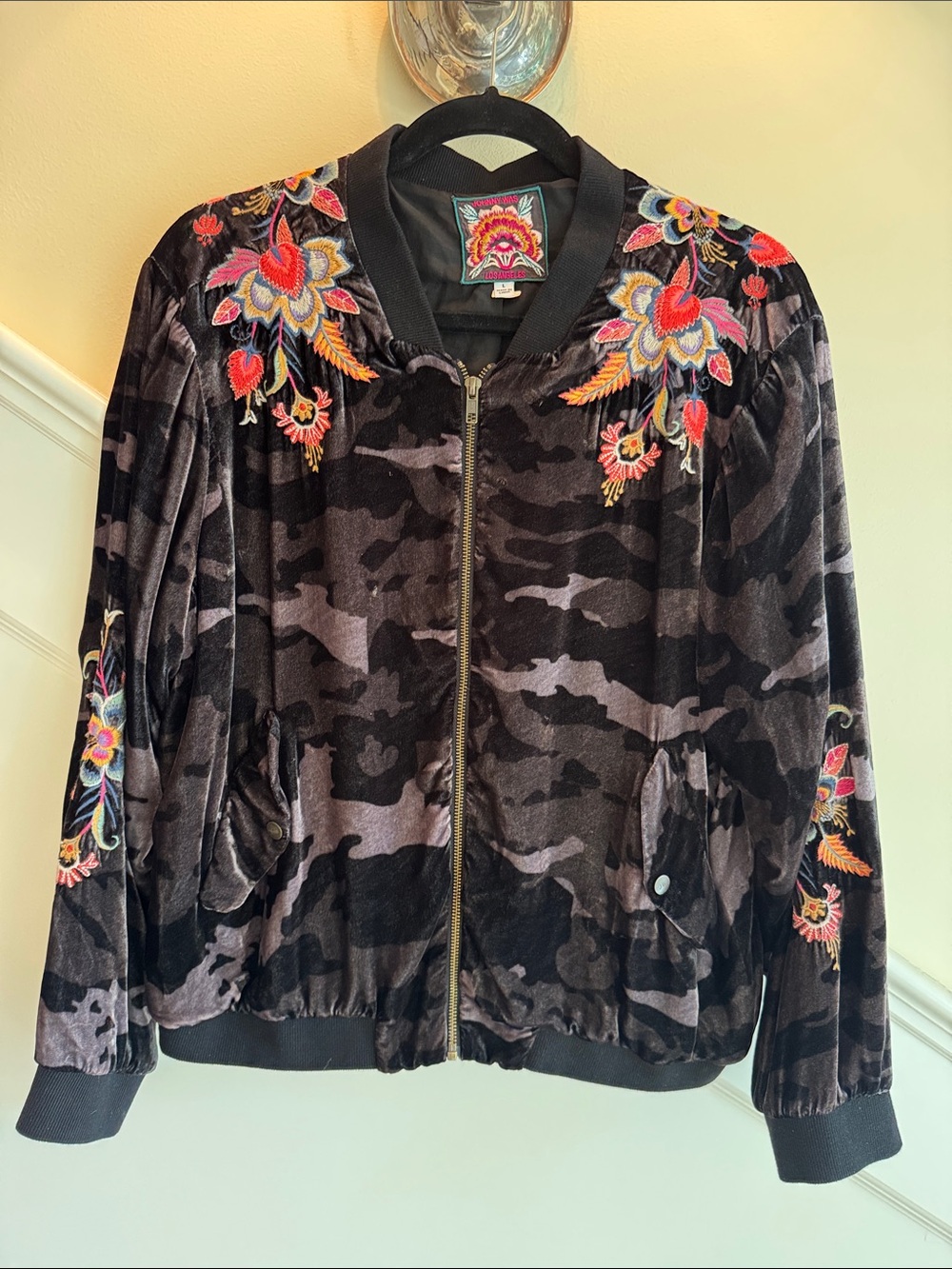 Johnny Was Black Camo Tracker Jacket with Multicolor Floral Embroidery